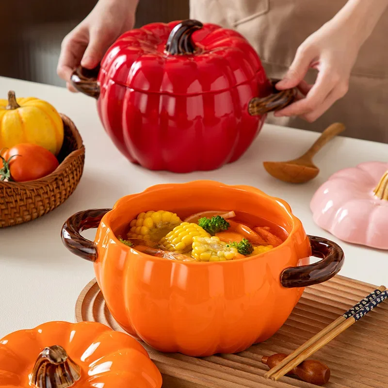 

1500ML Dutch Oven Pot with Lid Ceramic Pumpkin Bowl Halloween Pumpkin Pottery Dessert Saucepan No Open Flames Cute Noodle Bowl