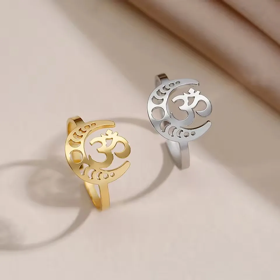 Cazador Crescent Moon Lotus Open Rings for Women Stainless Steel Amulet Tree of Life Yoga OM Finger Rings Celestial Jewelry Gift