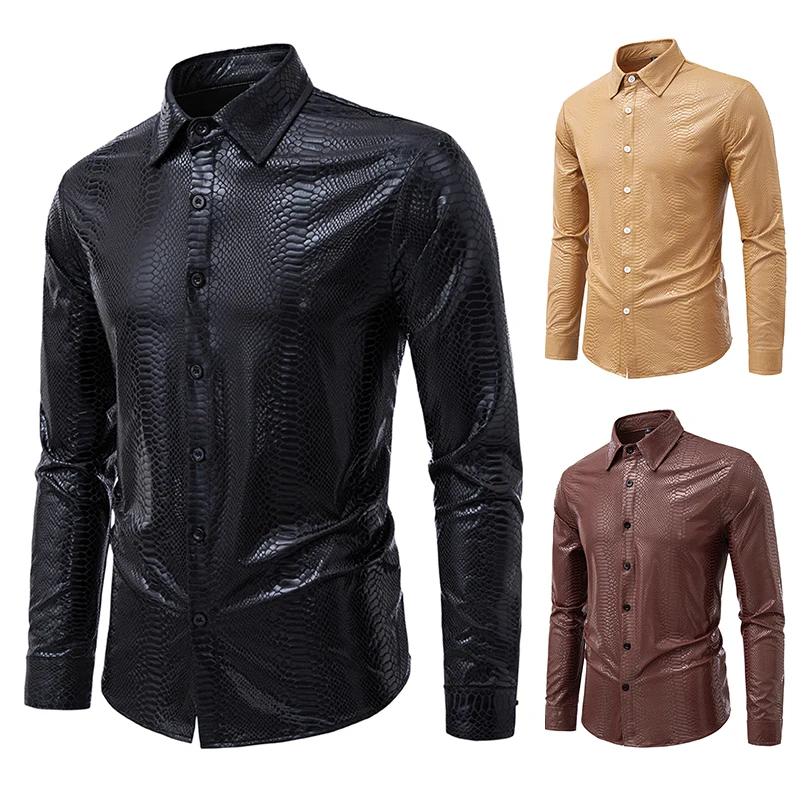 Mens Long Sleeve Shirts Snake Pattern Single Breasted Turndown Collar Men Dress Shirts Casual Male Chemise Hemd Homme Shirt S21