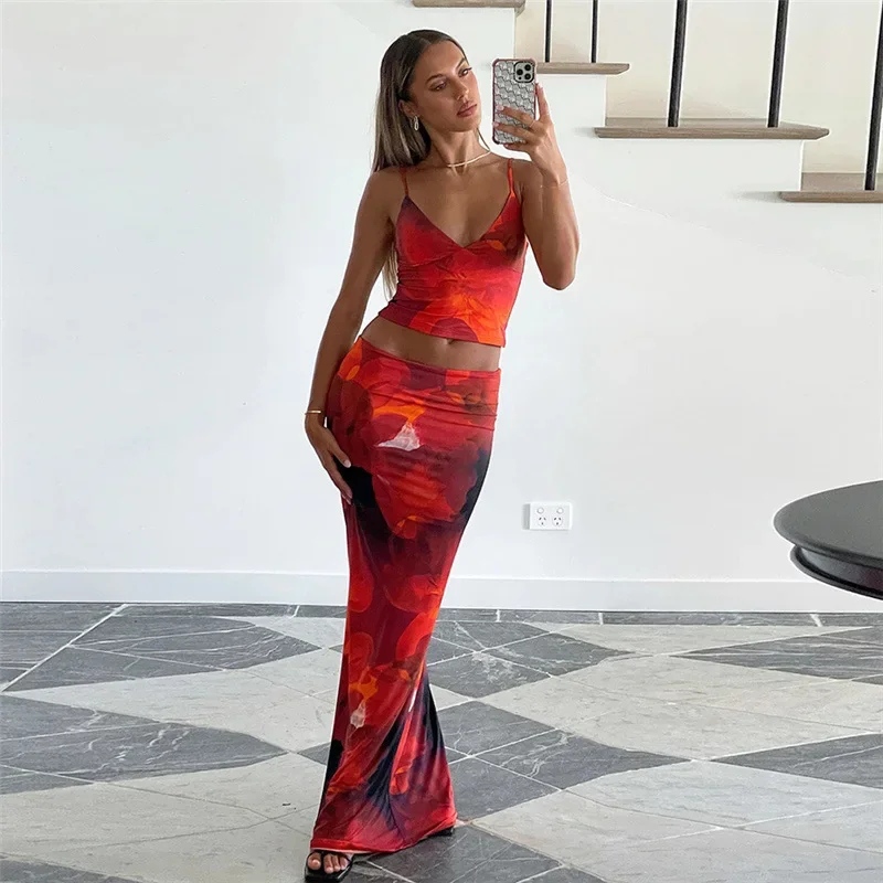 Floral Print Bodycon Dress Suits Summer Women Backless Sleeveless V Neck Crop Top Camis Maxi Long Skirt Two Piece Matching Sets