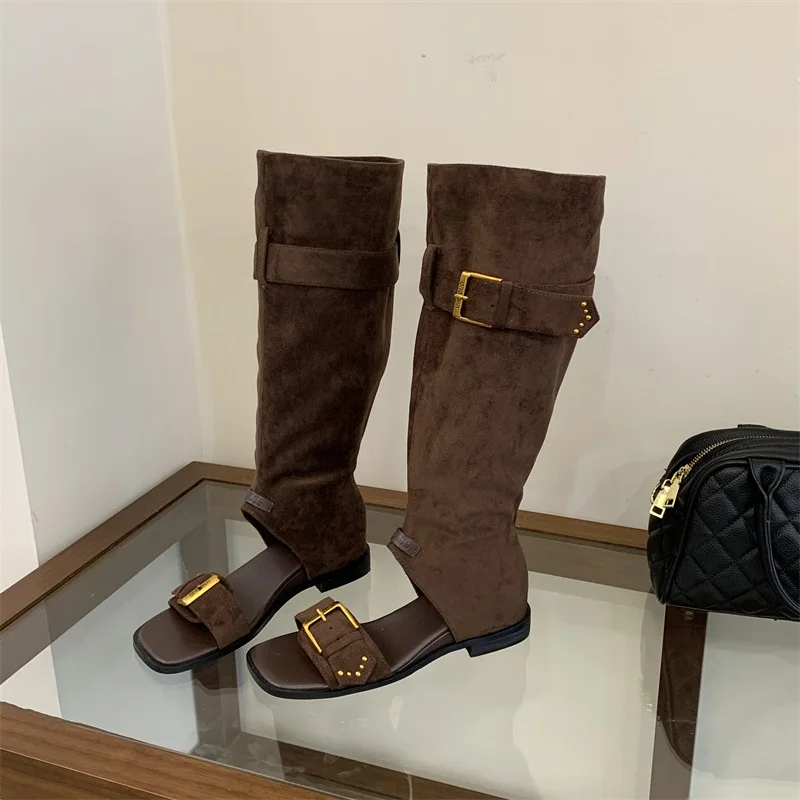 

Женские сапоги-ботфорты Eilyken на низком квадратном каблуке с ремешками и пряжками, модные сандалии до колена, весна-лето