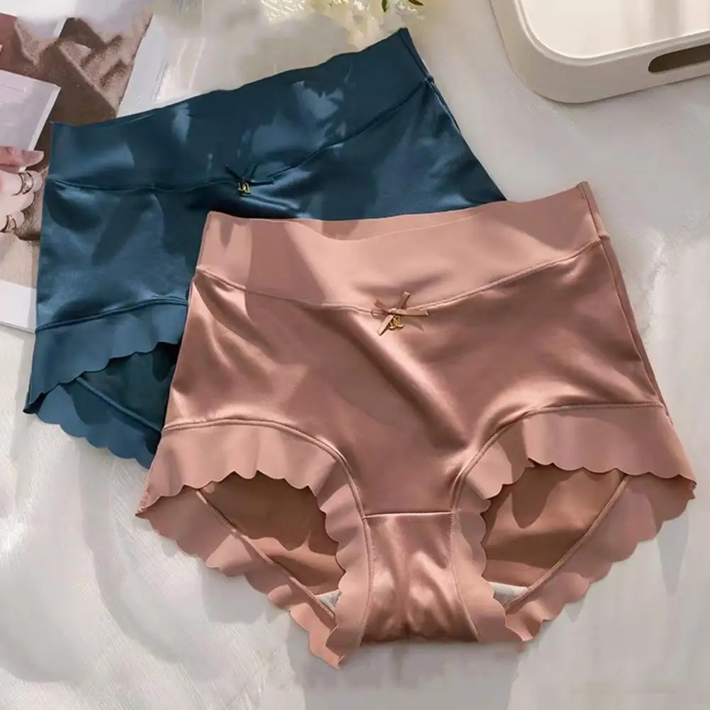 Women High-waisted Panties Elegant High Waist Panties with Wave Trim Bowknot Detail for Women Smooth Ice Silk for Comfort