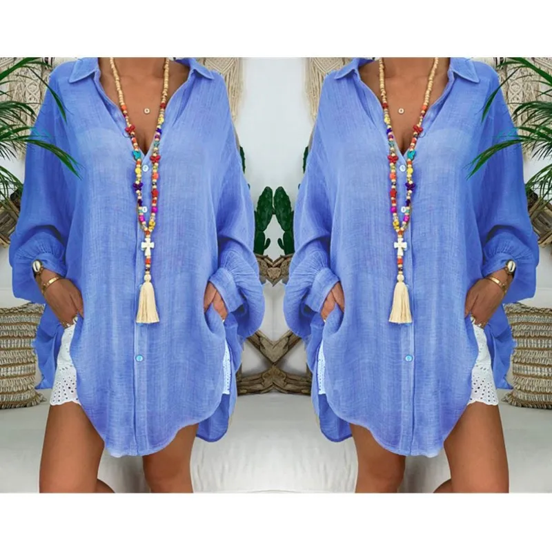 Mandylandy Summer Shirt Women\'s Button Loose Long Sleeve Casual Shirt Beach Wear Top Swim Cover Up Solid Color Loose Shirts