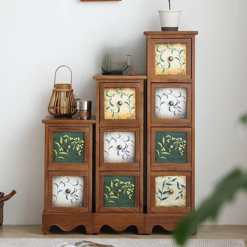 Solid wood chest living room narrow side cabinet living room cabinet painted drawer cabinet retro storage