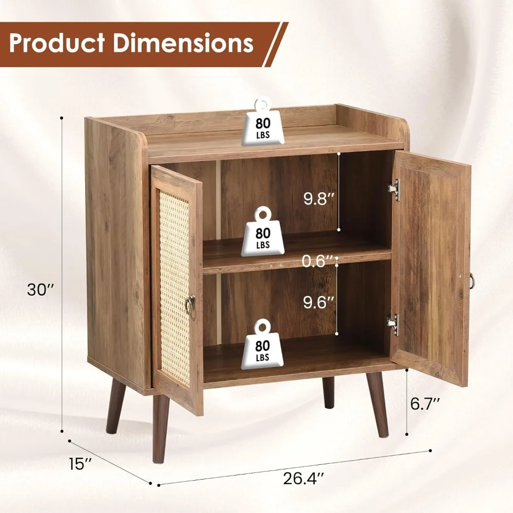 خزانة بوفيه جانبية مع مساحة تخزين مع أبواب مزينة بالروطان، وخزائن جانبية عتيقة لغرفة الطعام، وغرفة المعيشة، والممر، على شكل حرف V #2