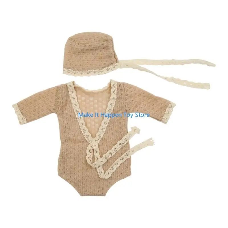 

28EC Neutral Photography Props for Baby Newborn Infant 2-in-1 Knitted Hat Romper Soft Cozy Photo Props