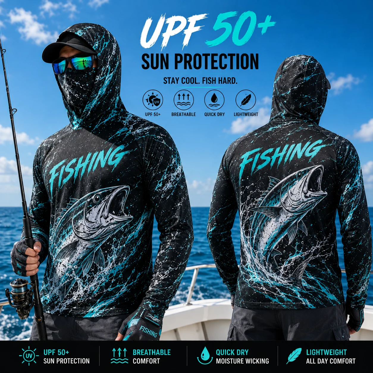 MALFC Men Hood Fishing Shirt long sleeve fishing t shirt uv protection Fishing Apparel view 6