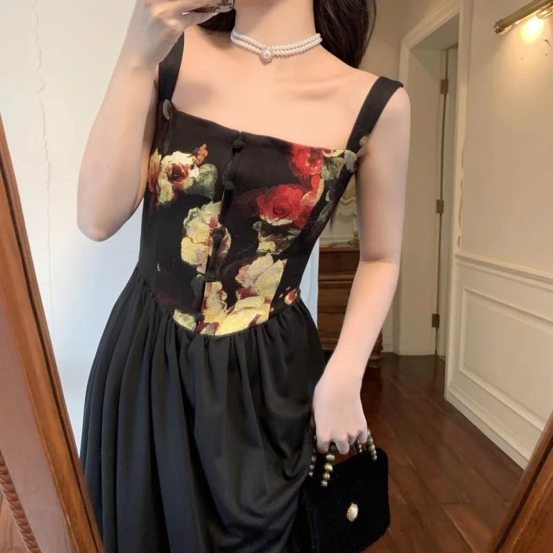 Black Floral Spaghetti Strap Dress A-Line High Waist Vintage Midi Dress Elegant Summer Dress Vestidos