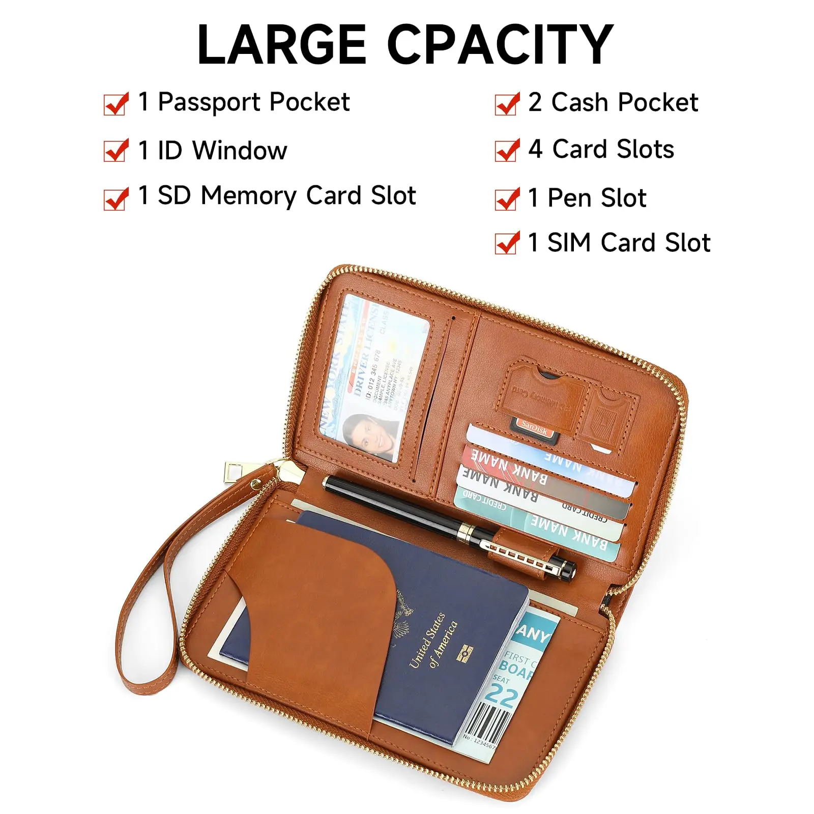 Travel Passport Wallet for Women, PU RFID Passport Cover Holder for Men Travel with Wristlet, Multiple Card Slots with ID Window view 3