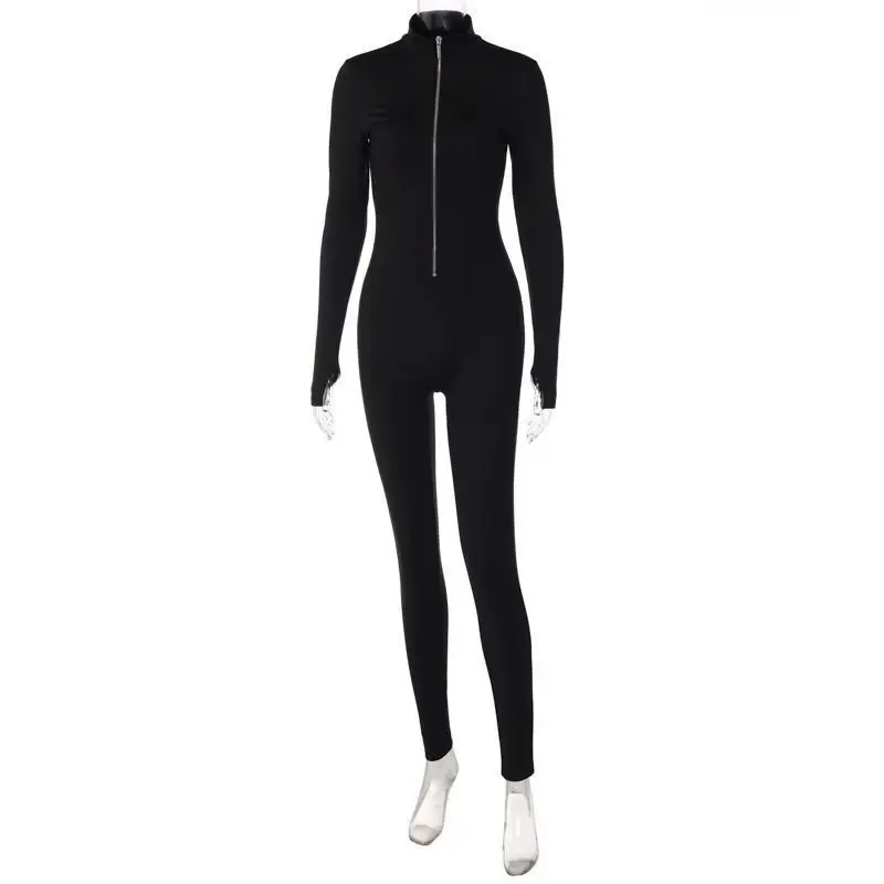 

Women's Black Zip Front Bodycon Jumpsuit - Long Sleeve Stretchy Slim Fit Plunge Neck Jumpsuit, Sexy Hot Girl Chic Autumn Winter