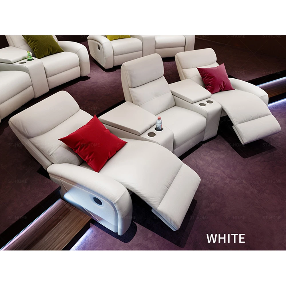 Modern Luxury Home Theater Recliner Sofa, Genuine Leather 3+2 Seating, Electric Reclining Chairs with Cup Holder for Cinema Room