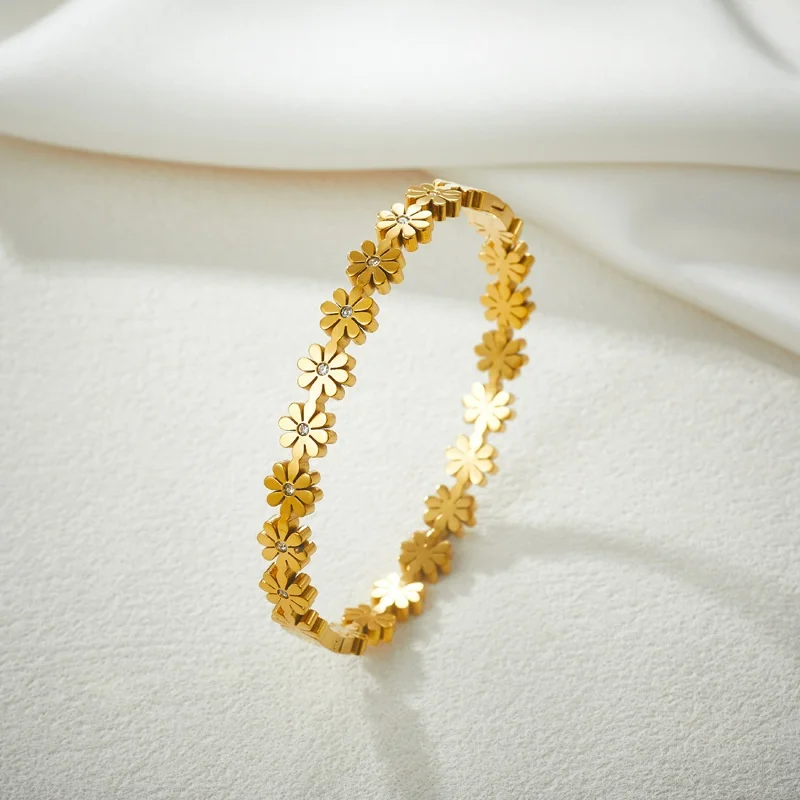 10pc Luxury Fashion 18K Real Gold Plated Stainless Steel Bracelet 5A Zircon Flower Roman Numeral Bangle Waterproof Women Jewelry