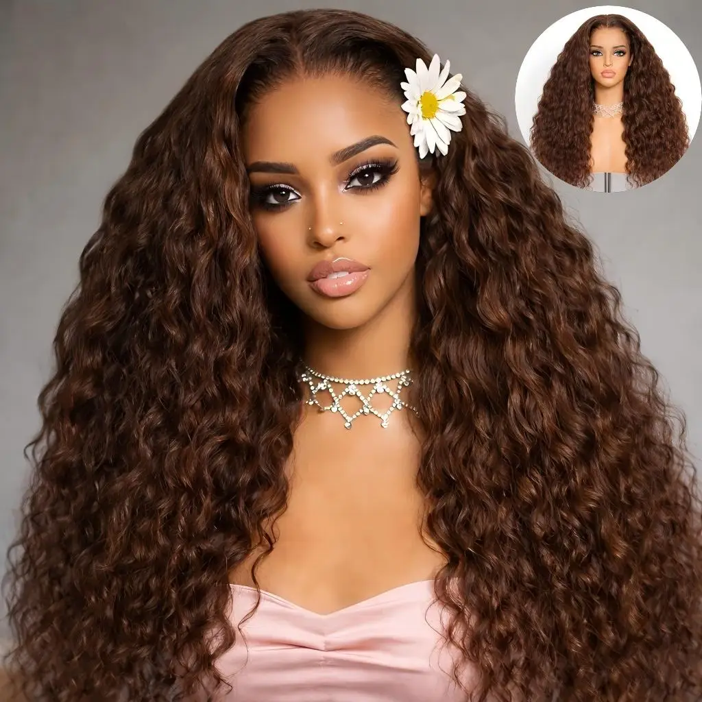 

#4 Chocolate Brown Deep Wave 13X4 HD Transparent Lace Front Wigs Brazilian Grade Deep Curly Human Hair Wigs Pre Plucked with Bab