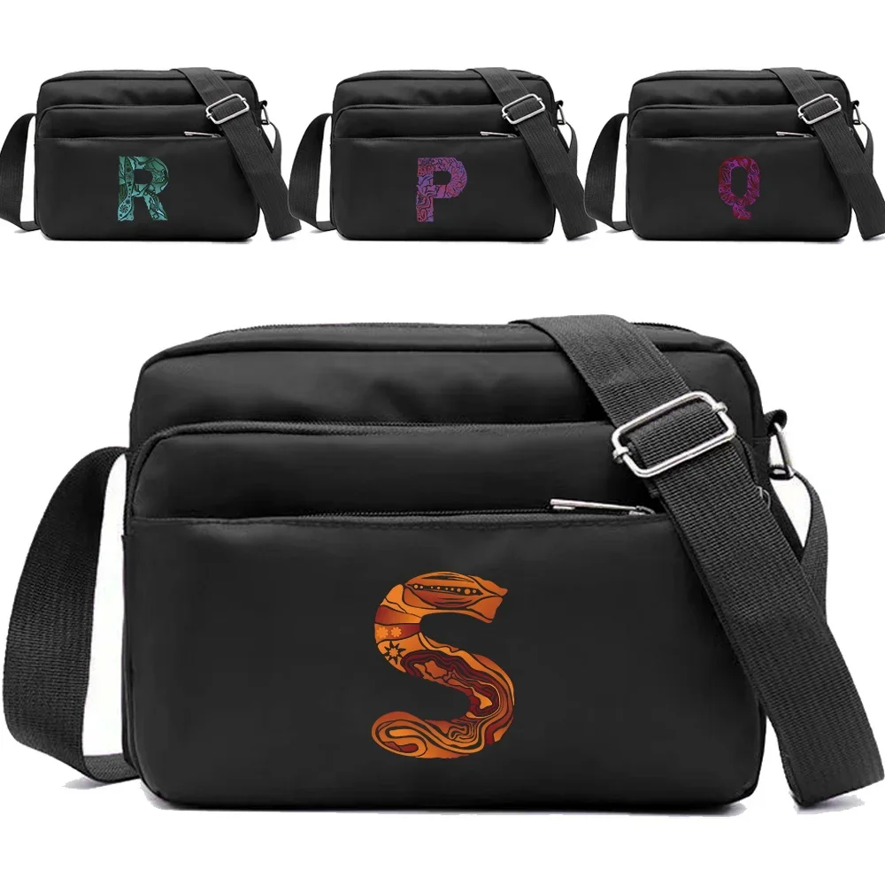 Multi-layer Travel Leisure Simple Storage Bag Engrave Image Letter Series Printing Pattern Black One Shoulder Crossbody Bag