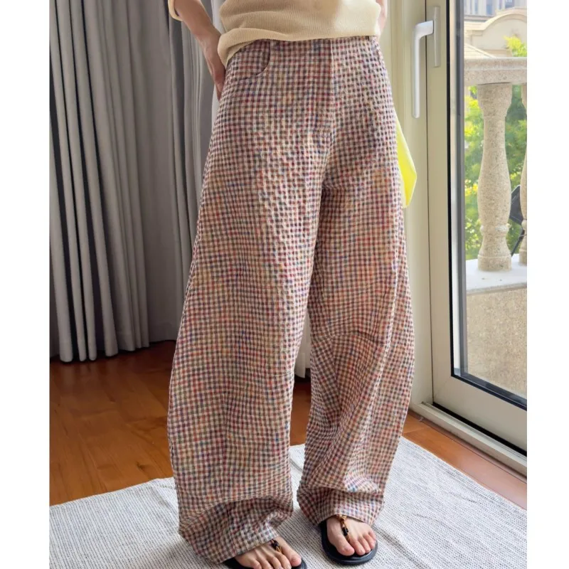 B-TOTO Summer New Japanese Plaid High Waist Design Flax Curved Wide Leg Casual Style Fabric Light Breathable Silhouette Trousers