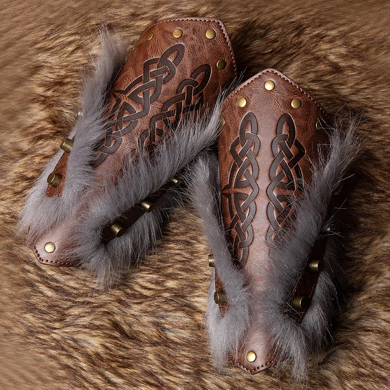 Medieval Fur PU Leather Gloves Wristband Retro Embossed Arm Bracers Punk Bracer Wrist Guards For Halloween Warrior Knight Props