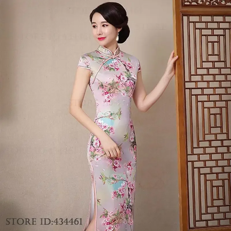 

Длинное Cheongsam с розовым принтом и цветком, традиционное китайское женское летнее атласное женское платье Ципао, элегантное вечернее платье, Vestidos