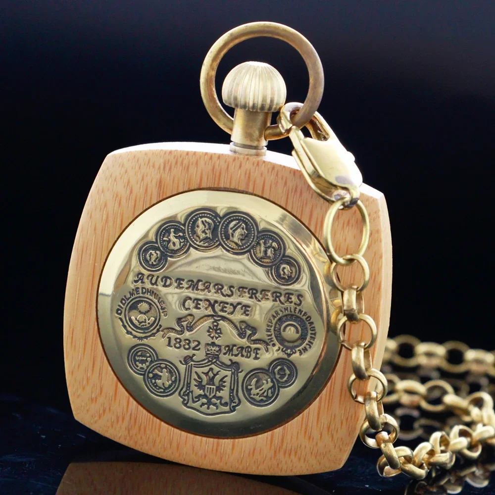 ساعة جيب هيكل عظمي ميكانيكية خشبية أرقام رومانية ساعات جيب خشبية مستطيلة مع سلسلة للرجال