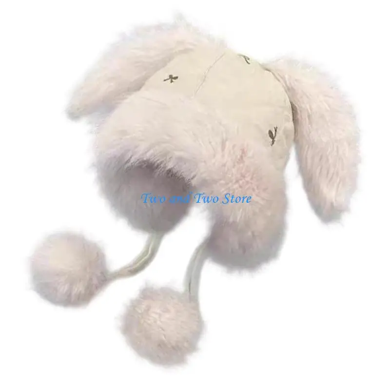 

HX6F Oversized Rabbits Hat with Ear Pompoms Skiing Hat Hood Cartoon Photo Props