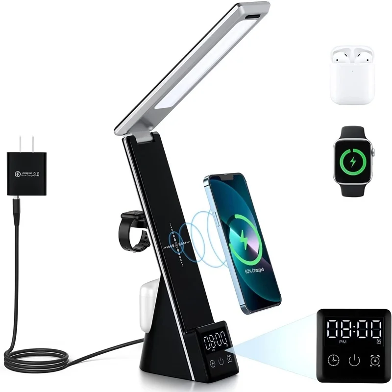 

5IN1 Wireless Charger Alarm Clock Table Lamp Stand for IPhone 13 12 11 Pro Max 15W Fast Charging Station for Apple Watch AirPods