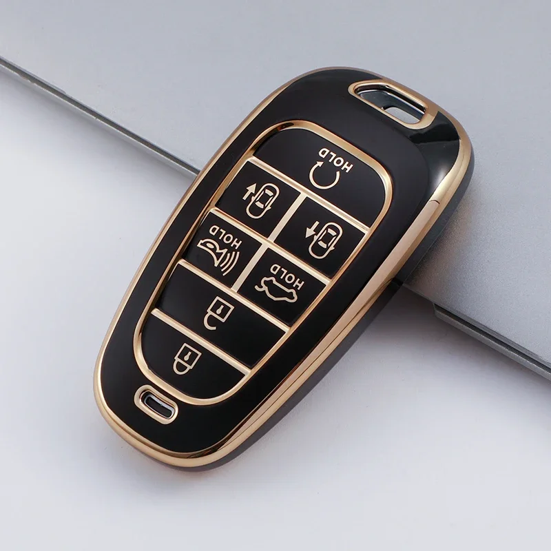 Gold Edge TPU Remote Key Fob Case Cover for Hyundai Sonata Nexo DN8 Santa Fe TM Tucson NX4 Staria Ioniq 7 Buttons Accessories