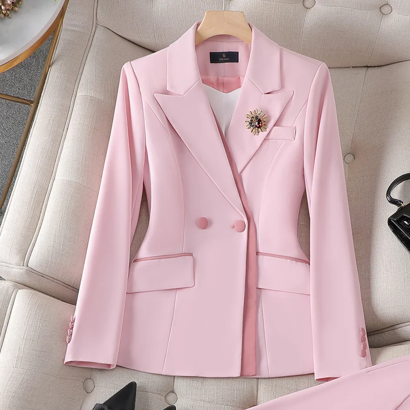 ZJYT Office Lady Formal Blazer Pants Suits 2 Piece Matching Set Women Conjunto Para Mujeres Work Wear Trousers Sets Pink Outfit