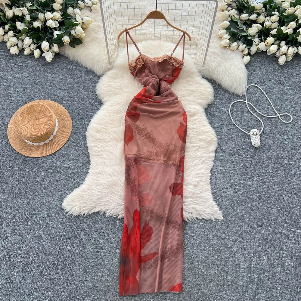 Clothland Women Sexy Print Mesh Cami Dress Adjustable Straps Sleeveless Backless Sheath Slim Fit One Piece Long Dresses QE126