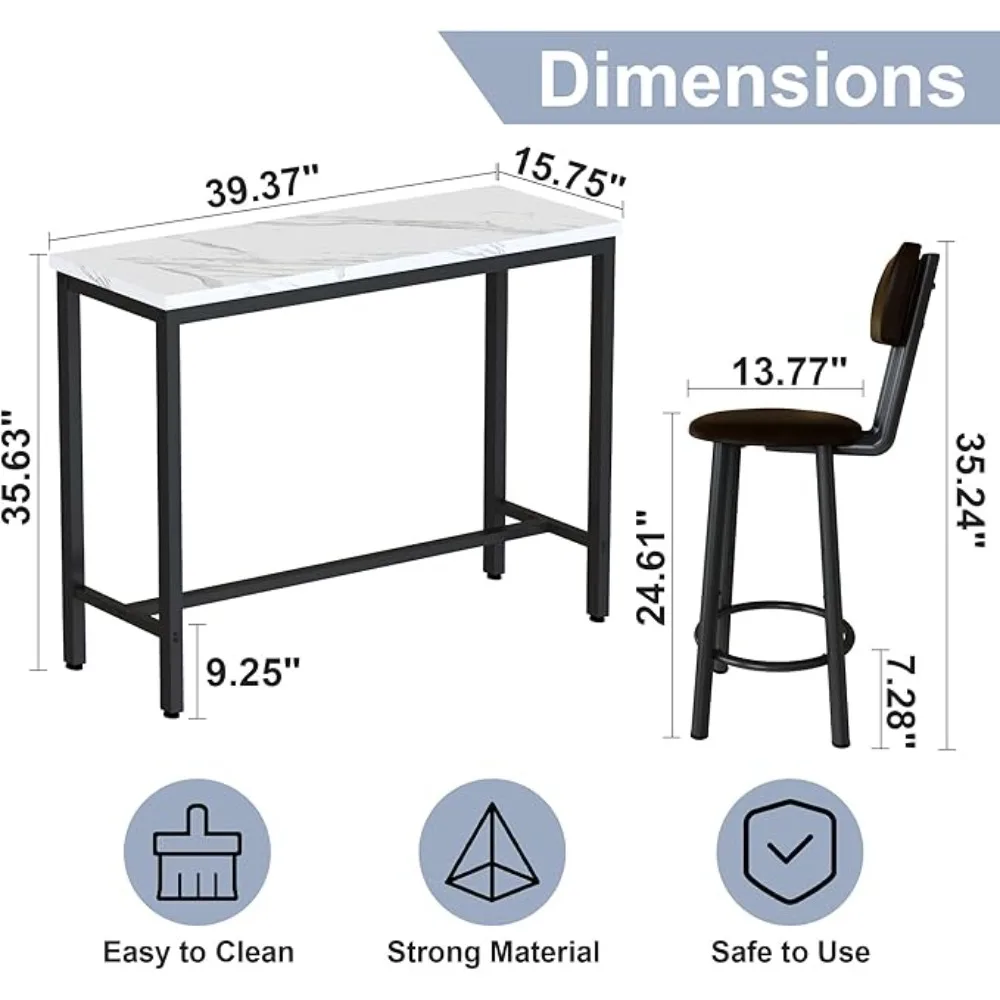 Conjunto de mesa de bar, incluindo tampo de mármore artificial de 2,39,3 polegadas e 2 bancos acolchoados em PU com encostos, conjunto de mesa de bar de 3 peças