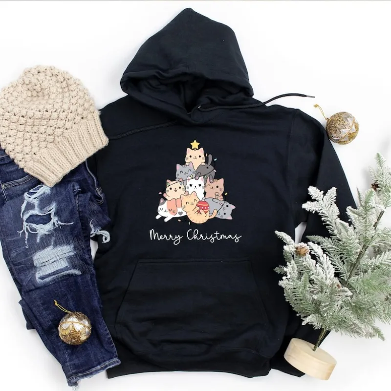 猫のクリスマスツリーパーカー、かわいい猫好きへのギフト、面白い猫ママスウェットシャツ、ニャーっとするクリスマスホリデーアパレルジャンパートップス