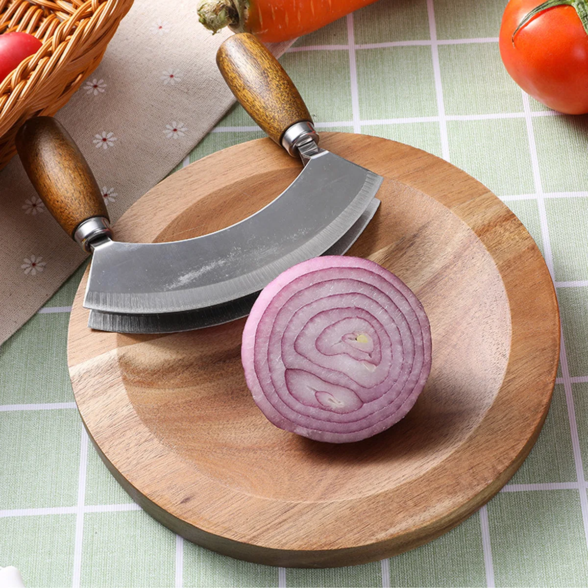 D5 Onion Salad Cutting Board Double-Sided Cutter Set Acacia Wood Board for Kitchen Herb Cheese Mezzaluna Chopping Cutting Board