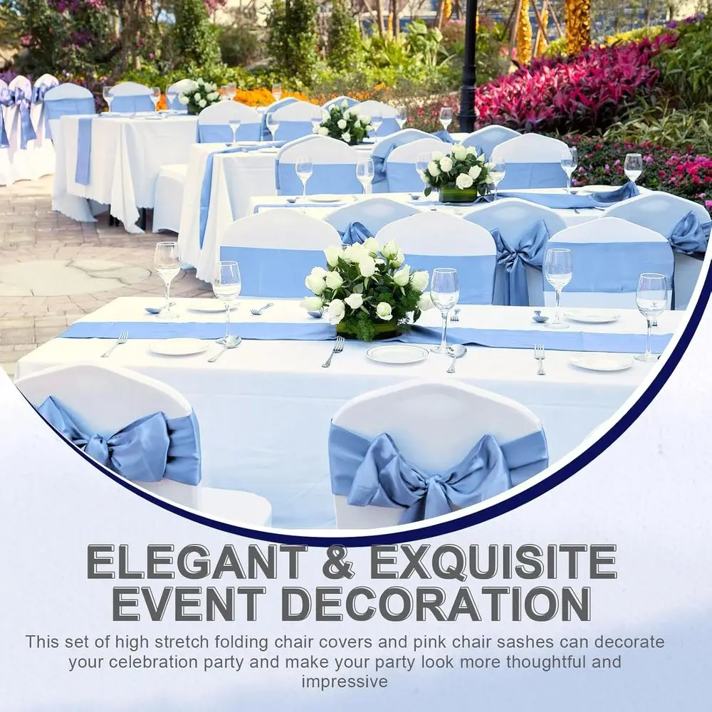 Набор из 50 складных чехлов на стулья с 25 чехлами из спандекса и 25 атласными бантами — моющиеся для свадеб и мероприятий в цвете White & Sky Bl