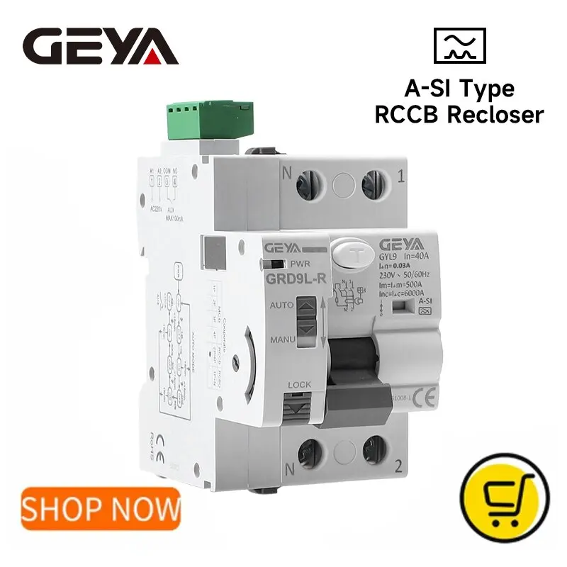 GEYA GRD9L con A-SI RCCB, Reenclavador Automático, Interruptor Diferencial, 2P 40A 0.03A (30mA) RCD Electromagnético Súper Inmunizado