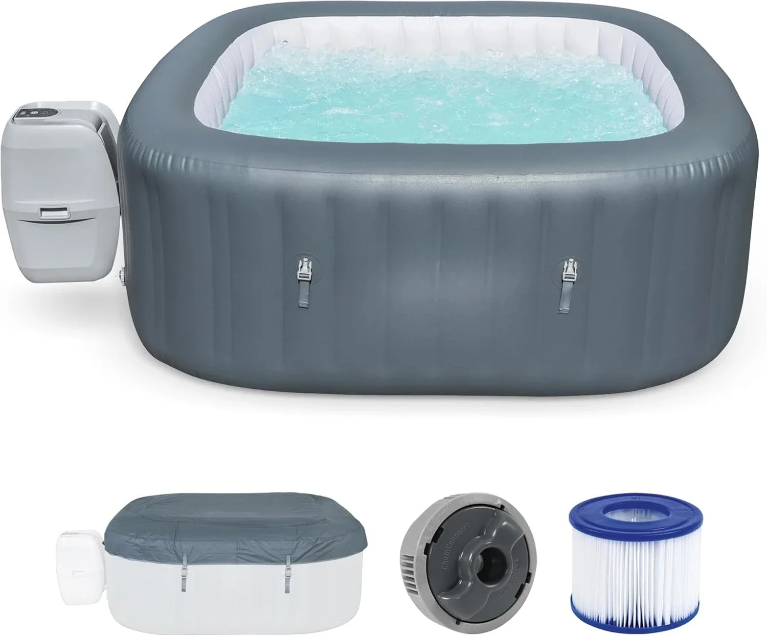 

SaluSpa AirJet 4 to 6 Person Inflatable Hot Tub Square Portable Outdoor Spa with 114 Soothing AirJets and Insulated Cover, Gray