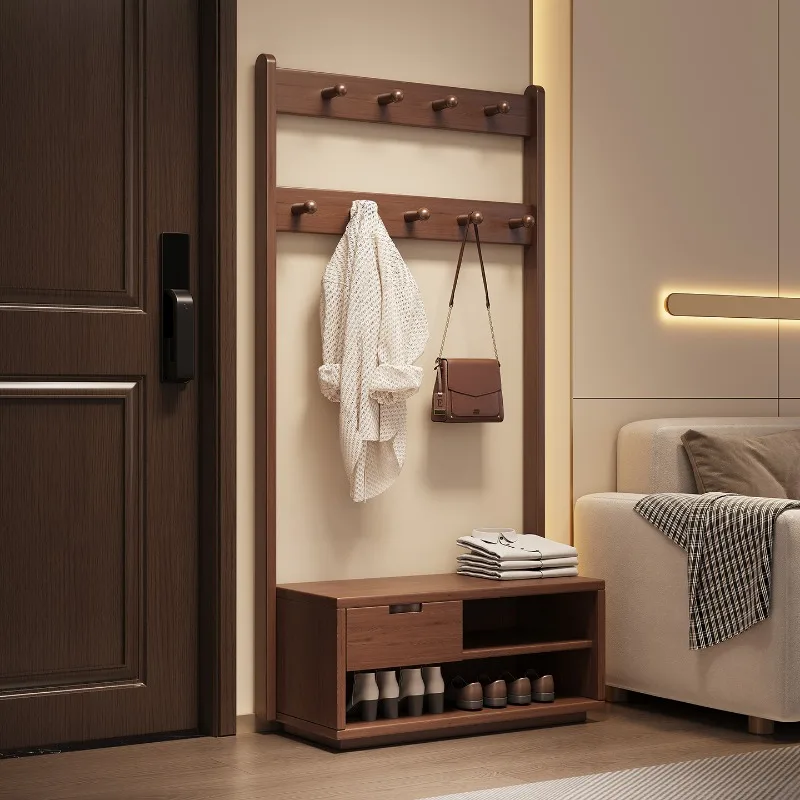 

Entry solid wood hanger, shoe change stool integrated can sit in the door, coat rack floor to ceiling, bedroom door shoe rack wi