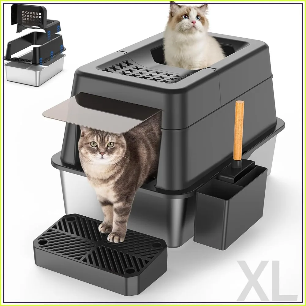 

XL Extra Large Enclosed Cat Litter Box with Lid, Modular Design with Flip Cover, Top Entry Metal High Sided Cat Box & Pedal & Scoop