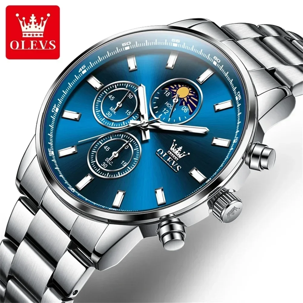 OLEVS-Reloj de pulsera de lujo para hombre, cronógrafo luminoso, fase lunar, resistente al agua, clásico