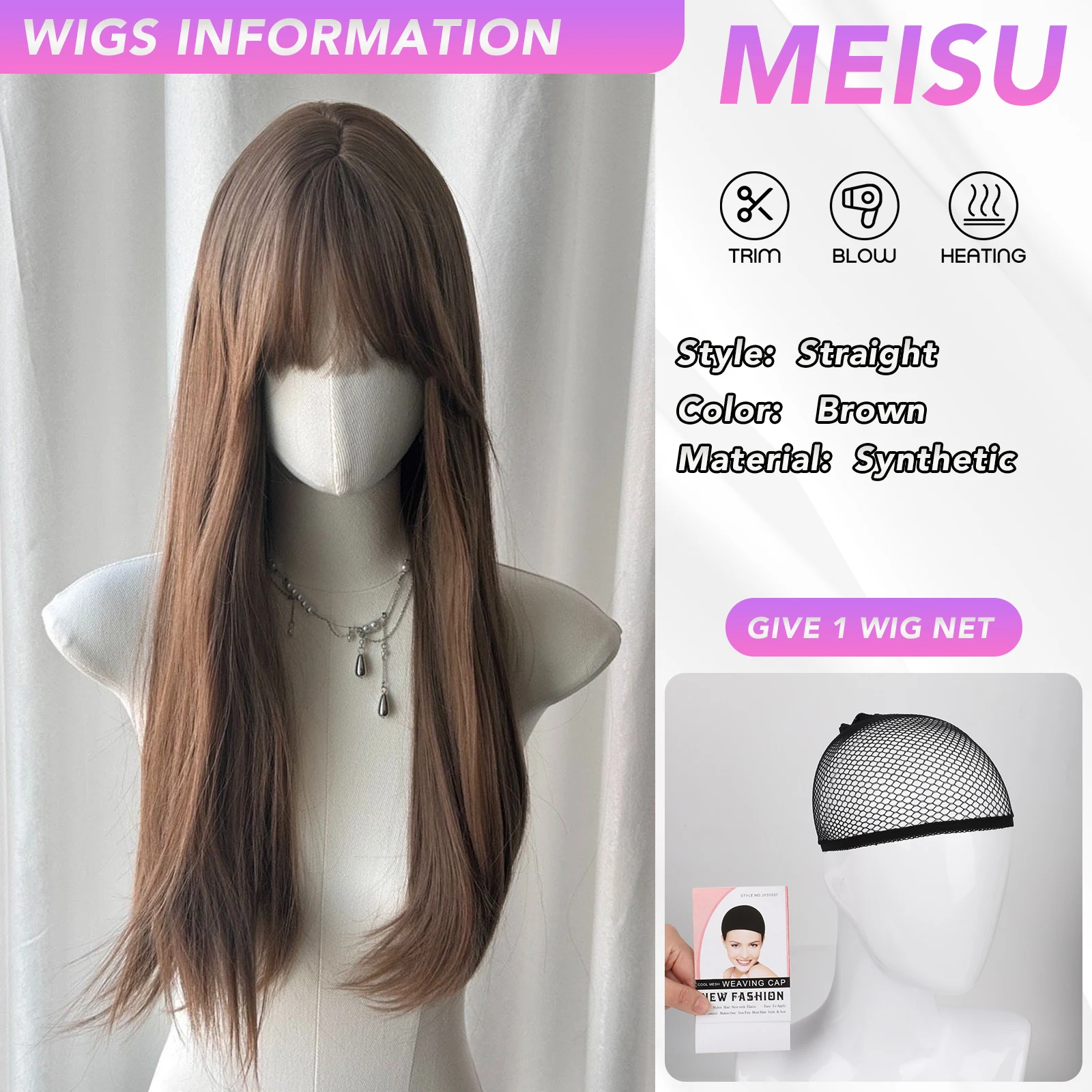 MEISU 26 Inch Long Straight Brown Wig Synthetic Fiber Layered Heat-Resistant Natural Smooth Hair For Women Daily Use