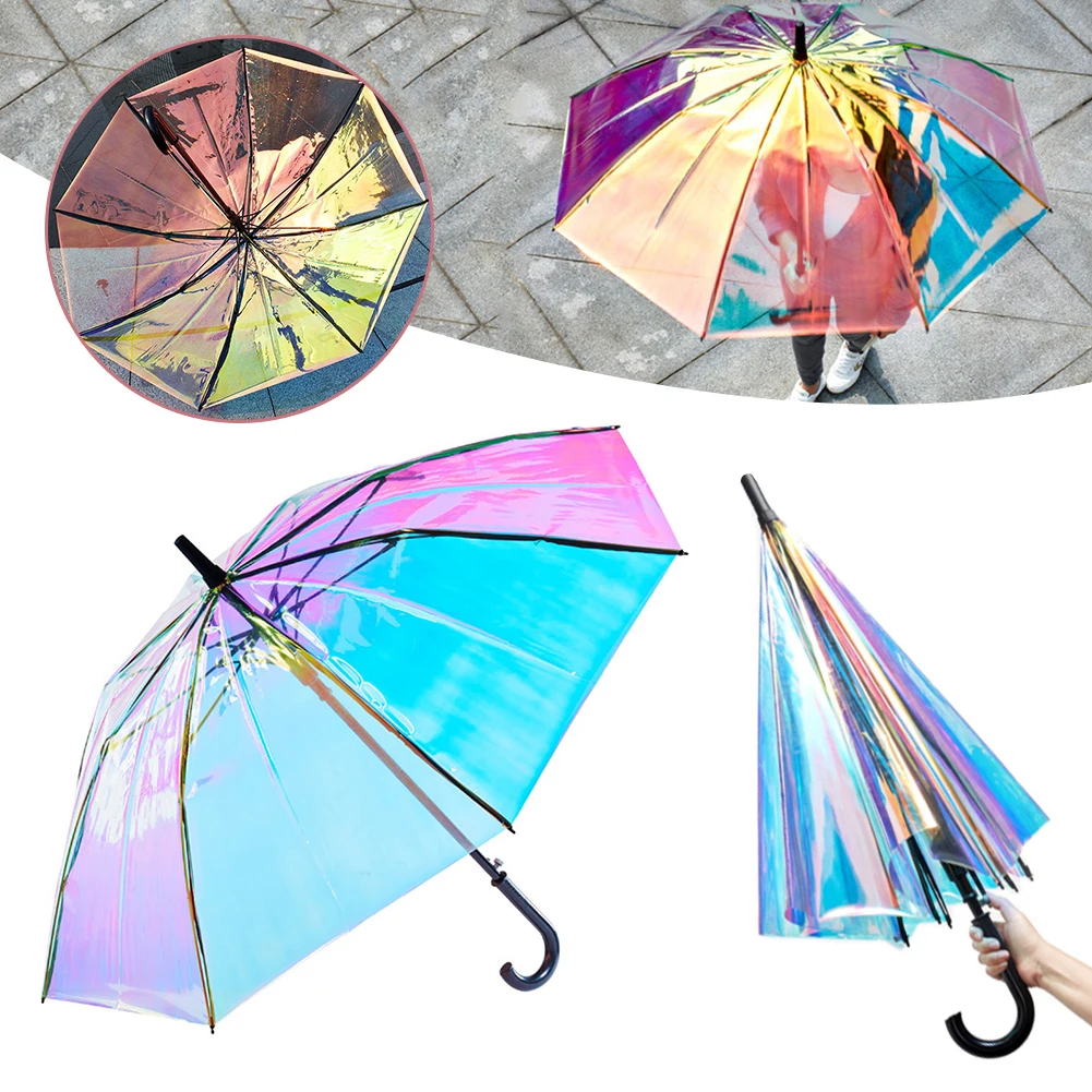 Shiny Umbrellas for Women Fashion Rainbow-laser Reflective Parasols Umbrella Sun and Rain Proof Water Resistant J Handle