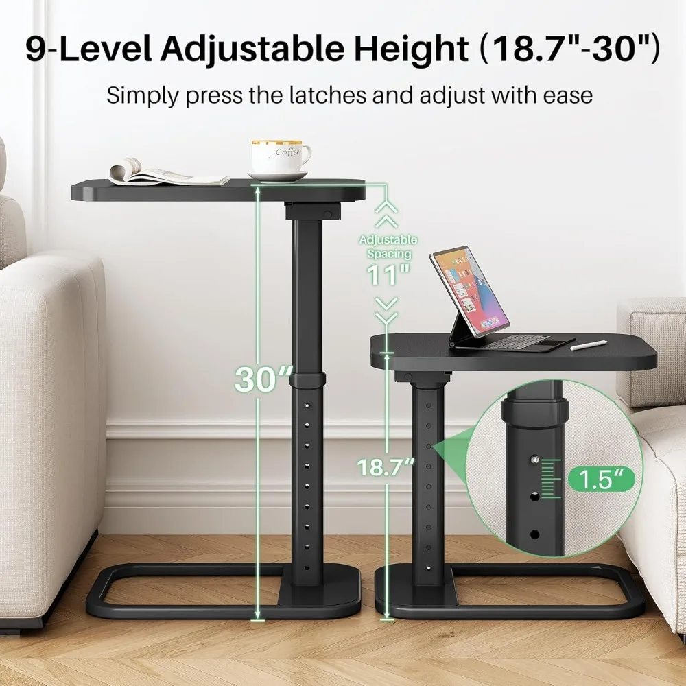 طاولة صينية تلفزيون بارتفاع قابل للتعديل مع زوايا معدنية مستديرة، طاولة للوجبات الخفيفة للأريكة والأريكة والسرير وغرفة المعيشة، باللون الأسود #5