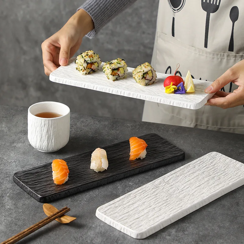 Black Slate Stone Texture Plate Japanese Sushi Dish Rectangular Serving Tray Ceramic Dinner Plate For Restaurant Home Kitchen