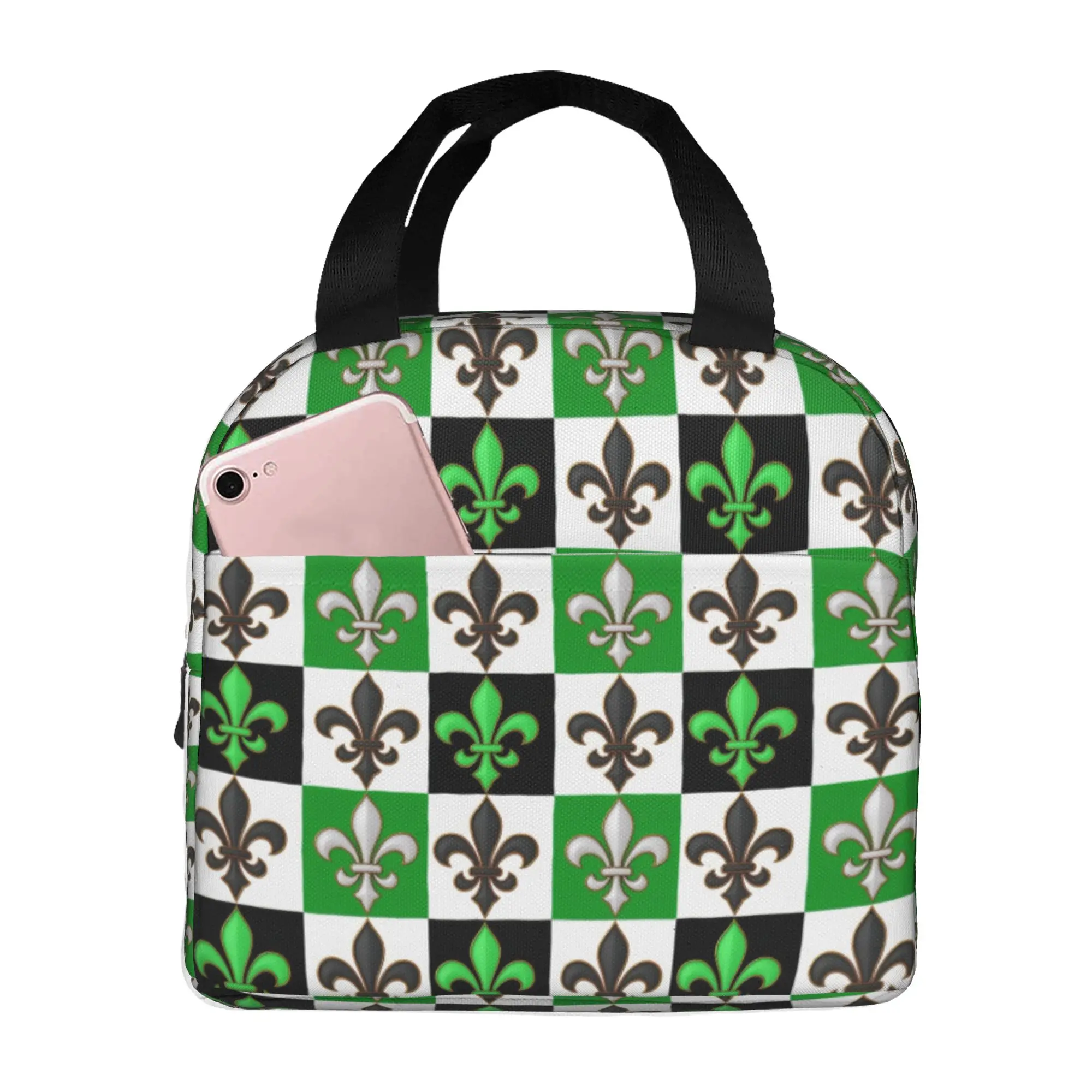 Checkered Fleur De Lis Resuable Lunch Box Women Waterproof Green Black White Thermal Cooler Food Insulated Lunch Bag Office Work