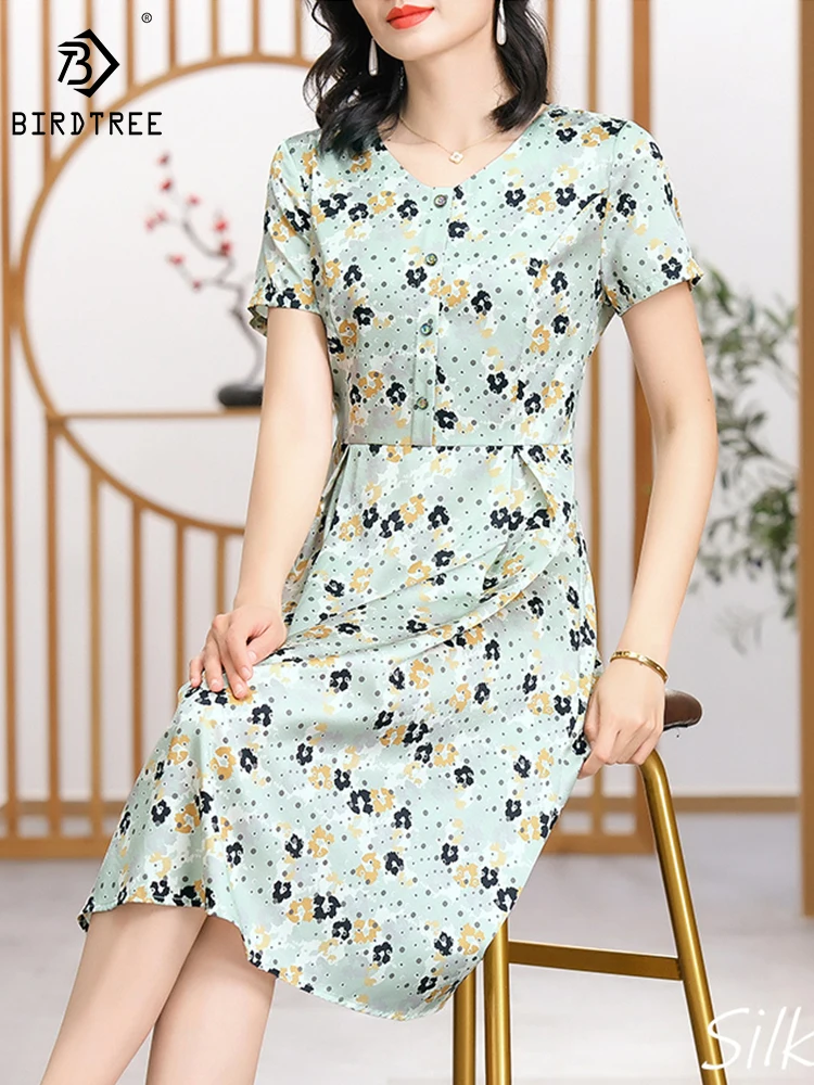 BirdTree 91.8%Real Silk Plus Size Dresses Women,V-Neck Short Sleeves,Floral Slim Elegant A-line Dress,2024 Spring New D42290QD