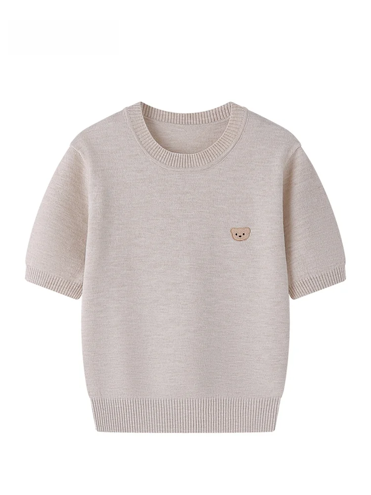 

JZZDEMM Spring Knitted ort Sve Bear Embroidery Simple Faion Women's Top Retro Commute Sle Slim Fit V-Ne Regular Le...