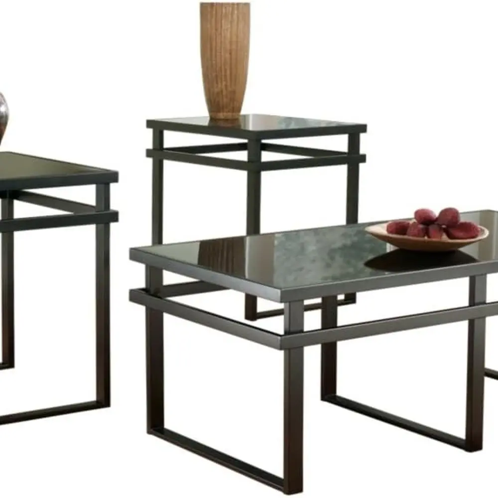 طقم طاولة زجاجية سوداء مكونة من 3 قطع: طاولة قهوة مع طاولتين نهائيين