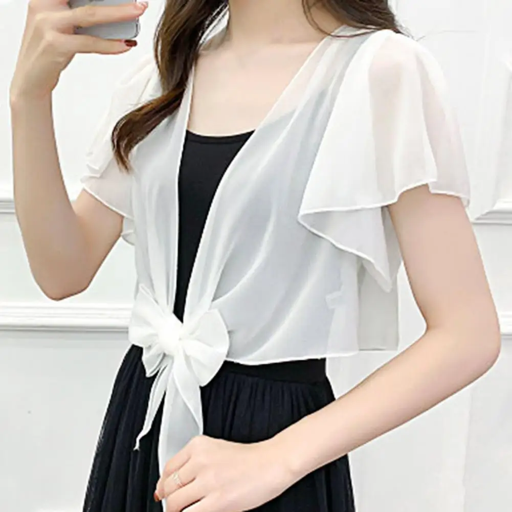 Ladies Sweet Chiffon Thin Sunscreen Short Jacket Ruffle Sleeve See-Through Front Lace-up Lady Cover-Up Sunscreen Coat Streetwear