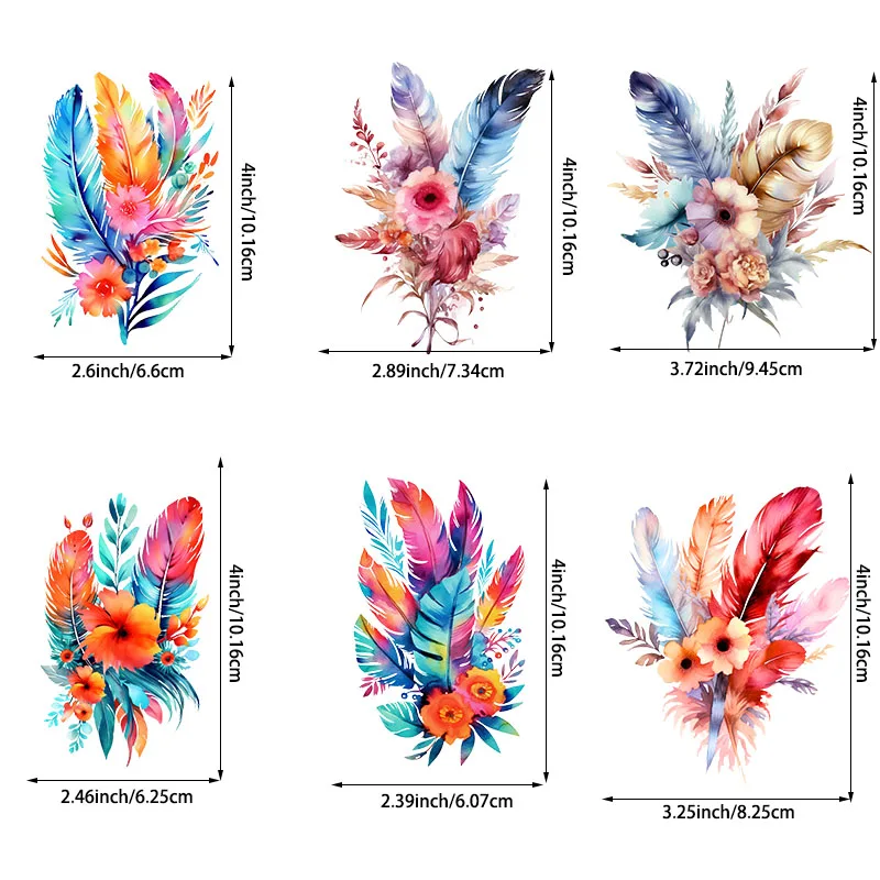 6Pcs Watercolor Feathers Lron-On Transfer Stickers,Vinyl Heat Transfer Patches For DIY Couple Clothing Pillow Backpack Hat Craft