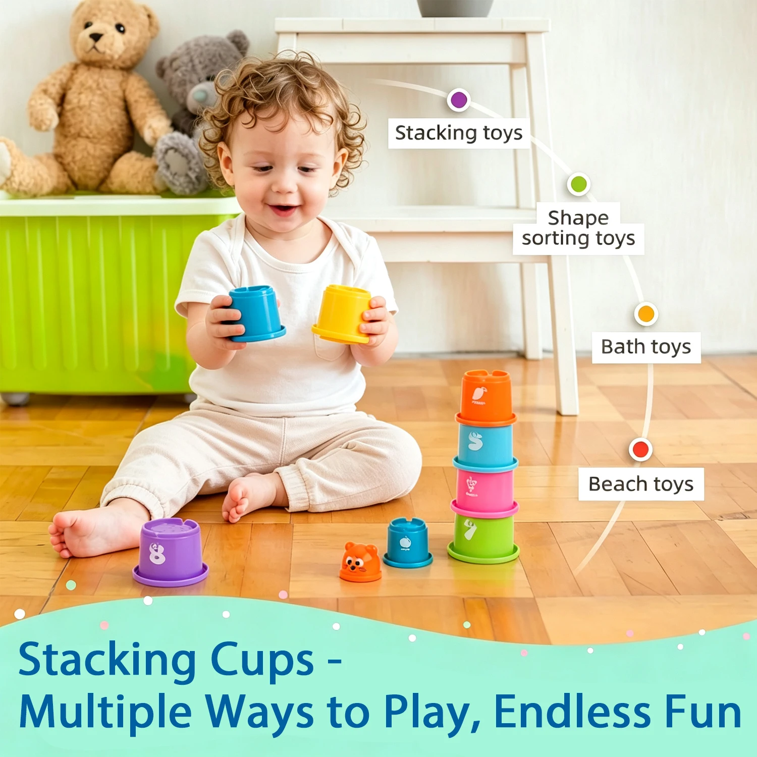 9PCS Number Stacking Cups Baby Nesting Tower Toy Cartoon Bear Montessori Early Education Color Counting Learning Bath Toy