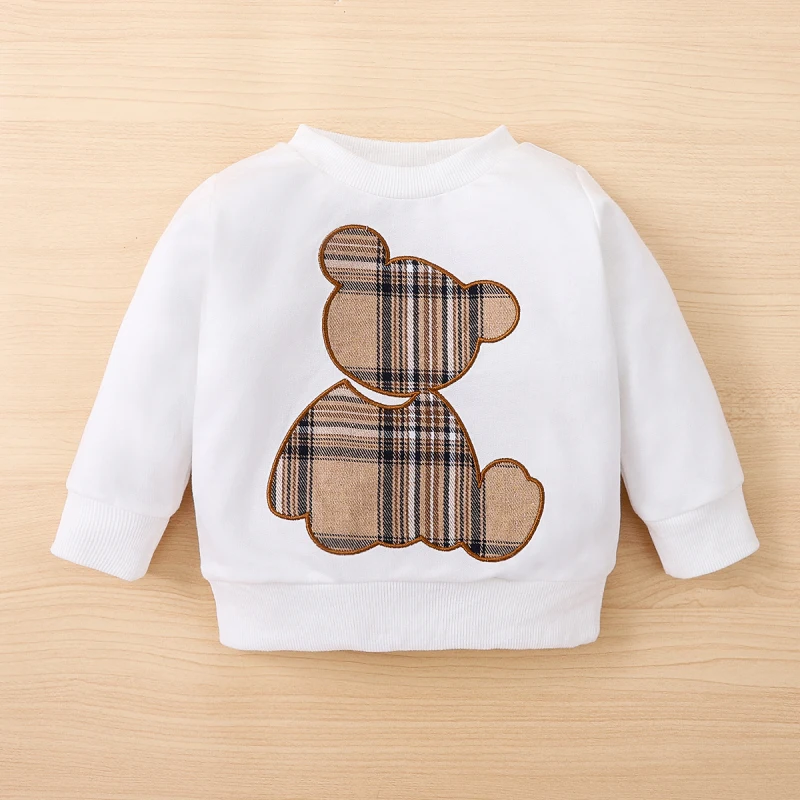 PatPat 2pcs Baby Boy/Girl Long-sleeve Plaid Print Bear Embroidered Sweatshirt and Sweatpants Set