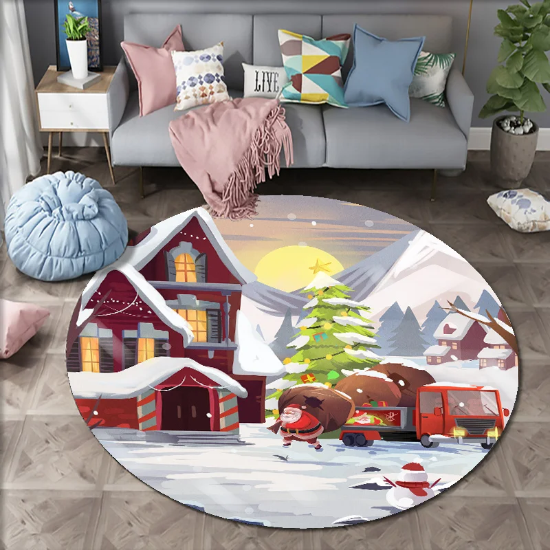 

Cartoon Xmas Carpet Round Rugs Santa Sofa Rug Home Living Room Bedroom Bathroom Floor Mats Print Decorate Carpet