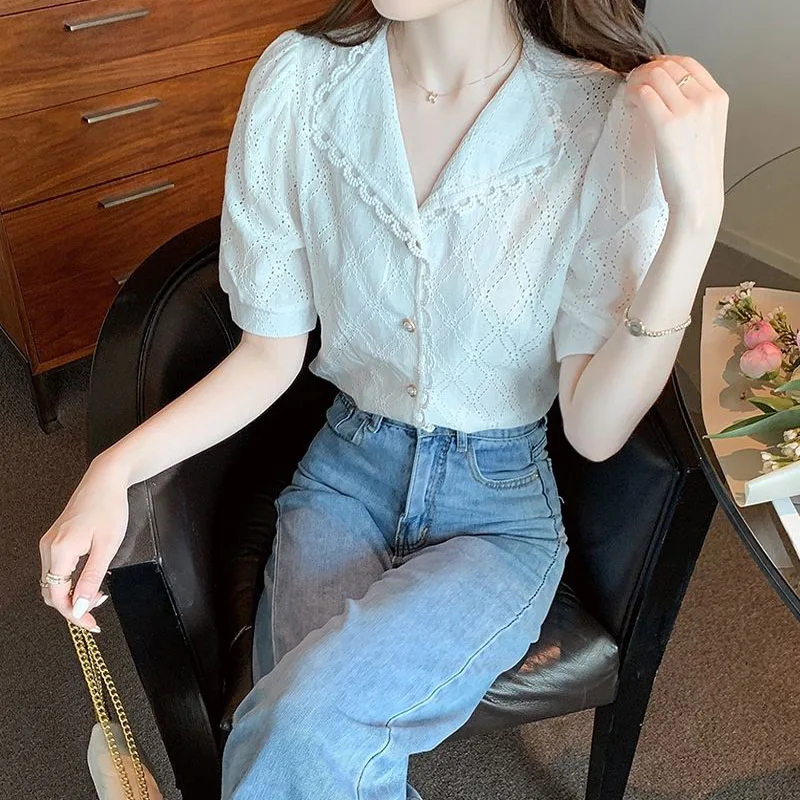 Fashion 2024 Summer New Short Sleeve Solid Color Hollow Out Women\'s Elegant Blouses Lace Cut All-match Female Button Shirt Tops